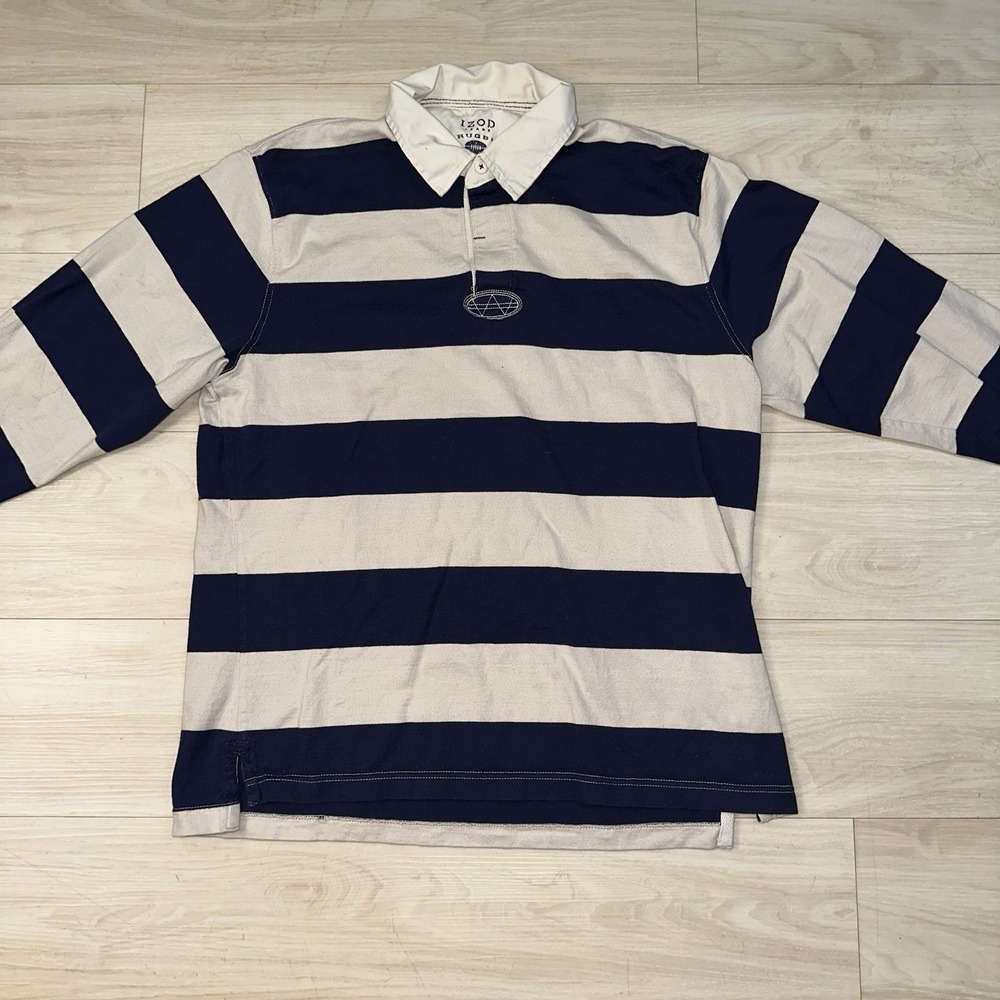 IZOD Varsity Rugby shirt Mens Navy striped Long Sleeve Size Large Sporty Classic - Picture 2 of 9